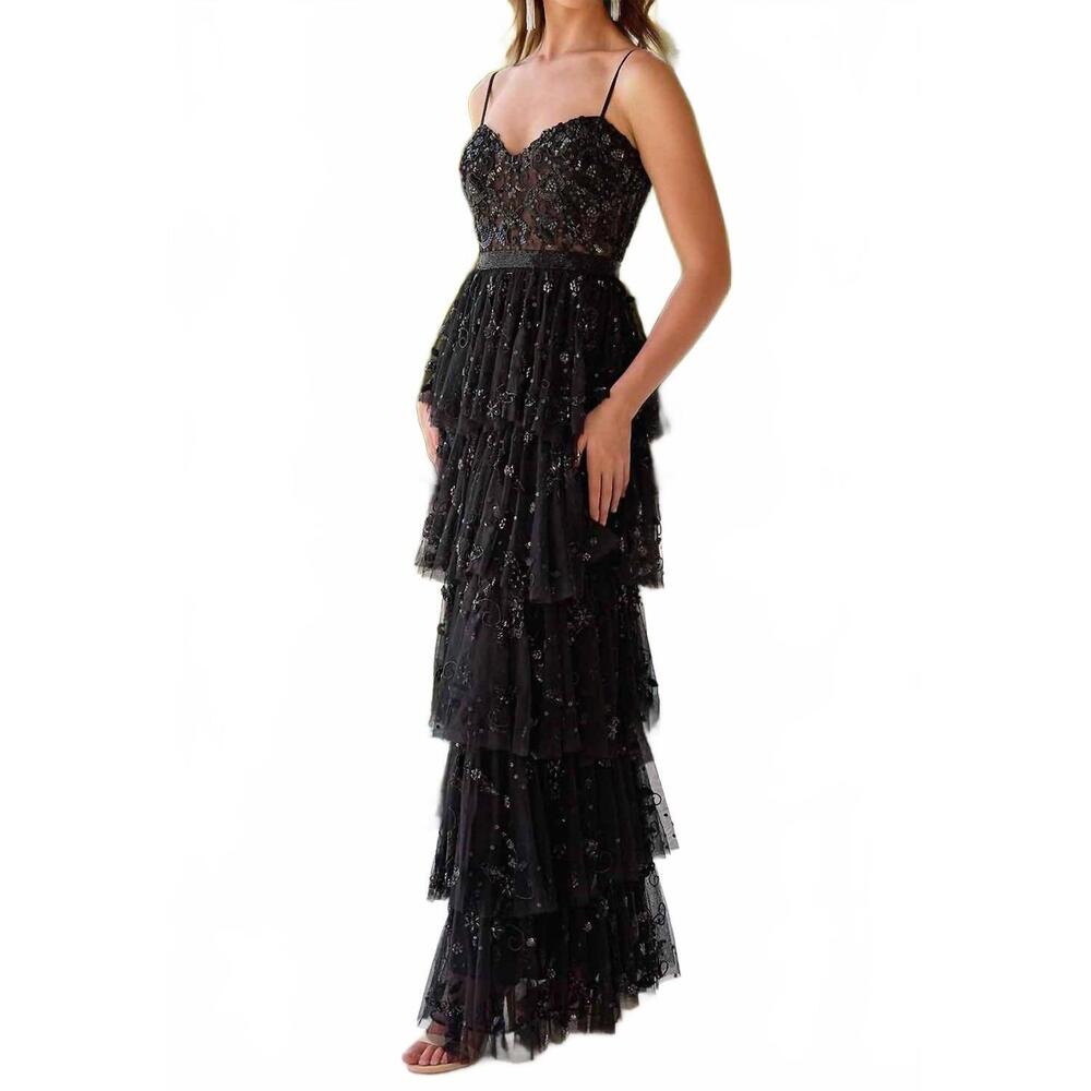 NEW PRIMAVERA tiered a-line formal gown in black